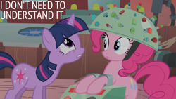 Size: 1920x1080 | Tagged: safe, edit, edited screencap, editor:quoterific, imported from derpibooru, screencap, pinkie pie, twilight sparkle, feeling pinkie keen, golden oaks library, helmet