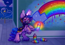 Size: 2100x1478 | Tagged: safe, artist:sidruni, imported from derpibooru, izzy moonbow, pony, unicorn, spoiler:g5, spoiler:my little pony: tell your tale, spoiler:tyts01e34, clothes, disguise, female, g5, gas mask, glowing, glowing horn, graffiti, hoodie, horn, looking at you, mare, mask, my little pony: tell your tale, sneaksy, sneaksy strikes again, solo, spray paint, unshorn fetlocks