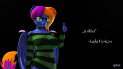 Size: 3840x2160 | Tagged: safe, artist:anthroponiessfm, imported from derpibooru, oc, oc only, oc:layla horizon, anthro, bat pony, 3d, anthro oc, bat pony oc, black background, clothes, female, glasses, looking at you, meme, quote, simple background, solo, source filmmaker, striped sweater, sweater, thumbs up