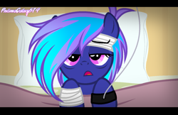 Size: 1275x826 | Tagged: safe, artist:chanour-bases, artist:prismagalaxy514, imported from derpibooru, oc, pegasus, pony, bandage, fake screencap, fake screenshot, injured, lying down, solo, waking up