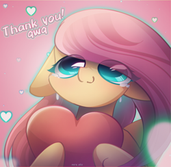 Size: 2100x2050 | Tagged: safe, artist:miryelis, imported from derpibooru, fluttershy, pegasus, pony, big eyes, crying, cute, eye clipping through hair, floppy ears, heart, holding, long hair, simple background, smiling, solo, text, thank you