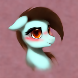 Size: 1024x1024 | Tagged: safe, imported from derpibooru, oc, oc:flower gracie, pony, ai content, ai generated, floppy ears, implied pegasus, pink background, prompter:flowergracie, red eye, short haircut, simple background, solo, species:undefined