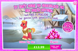 Size: 1958x1301 | Tagged: safe, imported from derpibooru, big macintosh, earth pony, pony, advertisement, clothes, costs real money, crystal, english, gameloft, gem, male, my little pony: magic princess, numbers, official, older, older big macintosh, sale, shirt, solo, solo focus, stallion, text, unshorn fetlocks, vest