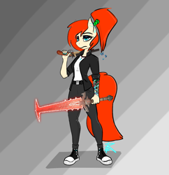 Size: 1397x1444 | Tagged: safe, artist:raw16, imported from derpibooru, oc, oc:ray muller, anthro, butterfly, pegasus, angry, augmented, clothes, collar, converse, depressed, doom, ear piercing, female, gun, jacket, looking at you, piercing, ponytail, sad, shoes, shotgun, sneakers, sword, tattoo, weapon