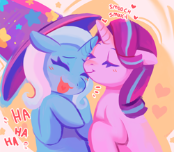 Size: 1280x1119 | Tagged: safe, artist:cherivinca, imported from derpibooru, starlight glimmer, trixie, pony, unicorn, blushing, clothes, cute, duo, eyelashes, eyes closed, female, hat, heart, heart tongue, kissing, laughing, lesbian, mare, shipping, smiling, smooch, stars, startrix, text, trixie's hat