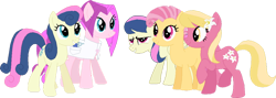 Size: 1024x366 | Tagged: safe, artist:selenaede, artist:starryoak, imported from derpibooru, bon bon, bons away, candy mane, lily, lily valley, sweetie drops, vidala swoon, earth pony, pegasus, 2017, base used, comb, female, flower, flower in hair, headcanon, mare, scissors, siblings, simple background, sisters, transgender, transparent background