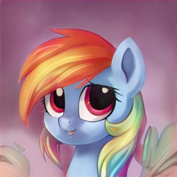 Size: 1024x1024 | Tagged: safe, imported from derpibooru, pegasus, pony, ai content, ai generated, bust, cute, g4, generator:thisponydoesnotexist, multicolored hair, not rainbow dash, portrait, purple background, rainbow hair, simple background, solo