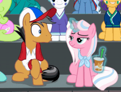 Size: 800x610 | Tagged: safe, imported from derpibooru, screencap, clear sky, quibble pants, earth pony, pony, unicorn, common ground, animated, baseball cap, cap, clothes, cup, drinking straw, duo focus, embarrassed, embarrassed grin, female, gif, hat, magic, male, mare, shirt, smug, smug smile, stallion, talking, telekinesis