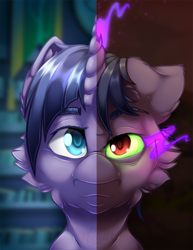 Size: 1000x1294 | Tagged: safe, artist:mychelle, imported from derpibooru, oc, oc:morning star, pony, bust, dark magic, duality, magic, portrait, solo, sombra eyes