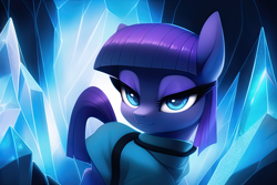 Size: 3072x2048 | Tagged: safe, derpibooru exclusive, imported from derpibooru, maud pie, earth pony, pony, ai content, ai generated, cave, clothes, crystal, expressionless face, generator:novelai, lidded eyes, looking at you, robe, solo, walking