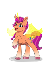 Size: 2480x3508 | Tagged: safe, artist:delfinaluther, imported from derpibooru, sunny starscout, alicorn, earth pony, pony, g5, glowing, glowing horn, horn, race swap, simple background, solo, sunnycorn, white background, wings