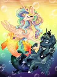 Size: 1946x2606 | Tagged: safe, artist:alzmariowolfe, imported from derpibooru, princess celestia, princess luna, alicorn, hybrid, mermaid, merpony, pony, seapony (g4), abstract background, bubble, colored pupils, crown, curly hair, curly mane, ear fluff, ears, ethereal mane, eyelashes, female, fish tail, flowing mane, folded wings, gem, hoof shoes, horn, jewelry, lidded eyes, looking at each other, looking at someone, mare, mermaidized, ocean, regalia, royal sisters, seaponified, seapony celestia, seapony luna, siblings, sisters, smiling, smiling at each other, sparkles, species swap, starry mane, tail, underwater, water, wings