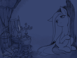 Size: 2000x1500 | Tagged: safe, artist:hauntedtuba, imported from derpibooru, pinkie pie, earth pony, pony, animated, bird cage, blue background, bluescale, candle, candlestick, chair, female, food, gif, loop, mare, monochrome, muffin, pinkamena diane pie, simple background, sitting, smoke, solo