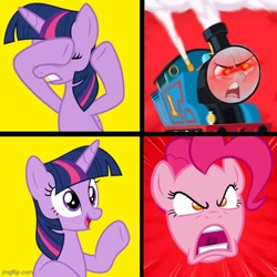 Size: 500x500 | Tagged: safe, artist:luckreza8, edit, editor:thomas me irl, screencap, pinkie pie, twilight sparkle, alicorn, earth pony, pony, season 2, the last roundup, all engines go, angry, angry pie, demonic eyes, female, glowing eyes, hotline bling, imgflip, male, mare, meme, nopony breaks a pinkie promise, open mouth, pinkie promise, red eyes, steam, thomas and friends, thomas and friends all engines go, thomas and friends: all engines go, thomas promise, thomas the tank engine, trio, trio male and female, twilight sparkle (alicorn)