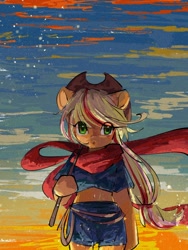 Size: 1620x2160 | Tagged: safe, artist:lendftcn, imported from derpibooru, applejack, earth pony, semi-anthro, clothes, cute, female, jackabetes, looking at you, mare, midriff, rope, scarf, solo