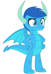 Size: 2951x4269 | Tagged: safe, artist:ponygamer2020, imported from derpibooru, oc, oc only, oc:frosty, oc:frosty the dragon, dragon, absurd resolution, claws, dragon oc, hair, hand on hip, horn, ice dragon, male, non-pony oc, simple background, smiling, solo, tail, teenaged dragon, teenager, transparent background, vector, wings