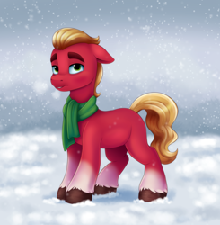 Size: 2944x3000 | Tagged: safe, artist:malarkey, imported from derpibooru, sprout cloverleaf, earth pony, pony, clothes, cute, floppy ears, g5, male, scarf, snow, snowfall, solo, sproutbetes, stallion, unshorn fetlocks
