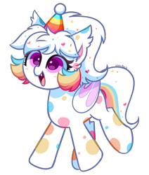 Size: 2682x3158 | Tagged: safe, artist:kittyrosie, imported from derpibooru, oc, oc only, bat pony, pony, blushing, cute, cute little fangs, fangs, hat, open mouth, party hat, simple background, smiling, solo, spotted, transparent background
