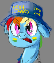 Size: 536x621 | Tagged: safe, artist:anonymous, imported from derpibooru, rainbow dash, pegasus, pony, brazil, bust, face paint, female, floppy ears, football, hat, looking at you, mare, open mouth, solo, world cup