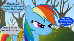 Size: 1280x720 | Tagged: safe, edit, edited screencap, imported from derpibooru, screencap, rainbow dash, pegasus, pony, fall weather friends, bound wings, implied derpy, implied sonic, implied sonic the hedgehog, race, solo, sonic the hedgehog (series), speech bubble, tree, wings