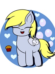 Size: 2304x3072 | Tagged: safe, artist:msbluejune, imported from derpibooru, derpy hooves, pegasus, pony, colored, colored background, cute, eyes closed, fluffy wings, food, heart, high res, hopping, muffin, obligatory muffin, smiling, solo