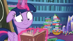 Size: 1920x1080 | Tagged: safe, imported from derpibooru, screencap, twilight sparkle, alicorn, pony, best gift ever, book, bookshelf, candy, candy cane, faic, female, flipping pages, floppy ears, food, levitation, magic, mare, pile of books, solo, telekinesis, twilight sparkle (alicorn), twilight's castle, twilynanas