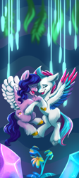 Size: 1792x4005 | Tagged: safe, artist:arky2000, imported from derpibooru, pipp petals, zipp storm, pegasus, pony, spoiler:my little pony: make your mark chapter 2, spoiler:myms01e03, cave, crystal, duo, duo female, eyes closed, female, flower, g5, high res, hug, mare, my little pony: make your mark, my little pony: make your mark chapter 2, ocean lily, open mouth, open smile, phone wallpaper, portrait of a princess, royal sisters (g5), scene interpretation, sibling love, siblings, sisterly love, sisters, smiling, wallpaper