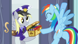 Size: 1920x1080 | Tagged: safe, artist:letseathay, imported from derpibooru, derpy hooves, rainbow dash, pegasus, pony, bag, book, butt, chest, duo, eyes closed, hat, mailbag, mailmare, mailpony, open mouth, open smile, plot, rainbutt dash, saddle bag, smiling