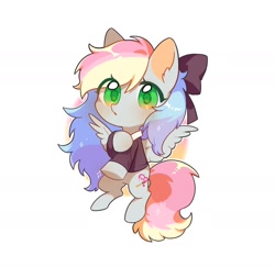 Size: 1844x1795 | Tagged: safe, artist:dreamsugar, imported from derpibooru, oc, oc only, oc:blazey sketch, pegasus, pony, blushing, bow, chibi, clothes, commission, green eyes, grey fur, hair bow, multicolored hair, shading, simple background, small wings, solo, sweater, white background, wings