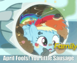 Size: 573x468 | Tagged: safe, edit, edited screencap, imported from derpibooru, screencap, rainbow dash, pegasus, pony, newbie dash, abuse, animated, apple core, april fools, cropped, dashabuse, female, filly, filly rainbow dash, fools in april, go to sleep wind rider, rainbow trash, reference, smelly, solo, spongebob reference, spongebob squarepants, trash can, younger