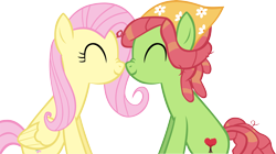Size: 6707x3760 | Tagged: safe, artist:ironm17, imported from derpibooru, fluttershy, tree hugger, earth pony, pegasus, pony, absurd resolution, duo, eyes closed, female, flutterhugger, lesbian, male, mare, nose wrinkle, nuzzling, shipping, simple background, smiling, straight, transparent background