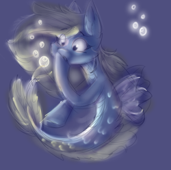 Size: 510x508 | Tagged: safe, artist:candyeater9115, imported from derpibooru, oc, oc only, earth pony, hybrid, merpony, pony, seapony (g4), blue background, bubble, digital art, dorsal fin, female, fish tail, flowing mane, flowing tail, glowing, mare, ocean, seaponified, simple background, solo, species swap, swimming, tail, underwater, water, yellow mane