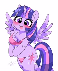 Size: 2551x3113 | Tagged: safe, artist:leo19969525, imported from derpibooru, twilight sparkle, alicorn, anthro, unguligrade anthro, arm hooves, big breasts, bikini, blushing, breasts, busty twilight sparkle, clothes, cute, female, horn, mane, open mouth, open smile, simple background, smiling, solo, spread wings, swimsuit, tail, twiabetes, twilight sparkle (alicorn), white background, wings