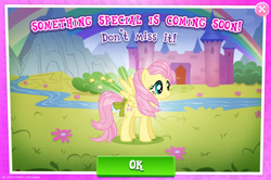 Size: 1957x1298 | Tagged: safe, imported from derpibooru, fluttershy, pegasus, pony, bow, coming soon, english, event, female, gameloft, mare, mobile game, my little pony: magic princess, official, ribbon, river, solo, spread wings, stream, tail, tail bow, text, water, wings