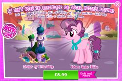 Size: 1958x1301 | Tagged: safe, imported from derpibooru, sugar belle, pony, unicorn, advertisement, bridge, bush, costs real money, english, female, gameloft, horn, mare, my little pony: magic princess, numbers, official, older, older sugar belle, sale, solo, solo focus, text, tower, window