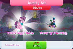 Size: 1268x858 | Tagged: safe, imported from derpibooru, sugar belle, pony, unicorn, bridge, bundle, bush, costs real money, english, female, fence, gameloft, horn, mare, my little pony: magic princess, numbers, official, older, older sugar belle, sale, solo, solo focus, text, tower