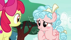 Size: 1200x675 | Tagged: safe, edit, edited screencap, imported from derpibooru, screencap, apple bloom, cozy glow, earth pony, pegasus, pony, marks for effort, blushing, duo
