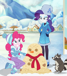 Size: 1920x2182 | Tagged: safe, composite screencap, edit, edited screencap, imported from derpibooru, screencap, pinkie pie, rarity, smoky, human, raccoon, equestria girls, equestria girls series, holidays unwrapped, spoiler:eqg series (season 2), blizzard or bust, boots, carrot, clothes, cookie, food, hat, jacket, jewelry, mashed potato snowman, mashed potatoes, mittens, outdoors, painting, potato, rarity's winter hat, scarf, shoes, smiling, snowman, sweater, toque, turtleneck, ushanka, winter coat, winter hat, winter outfit