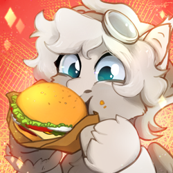 Size: 2480x2480 | Tagged: safe, artist:sinrinf, imported from derpibooru, pegasus, pony, burger, commission, eating, food, solo, ych result, your character here