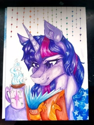 Size: 3000x4000 | Tagged: safe, artist:dankpegasista, imported from derpibooru, twilight sparkle, pony, unicorn, blanket, book, coffee, coffee mug, comfort, comfy, cozy, cup, decoration, detailed, highlights, mug, page, painting, photo, rainbow, reading, shading, solo, steam, traditional art
