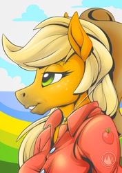 Size: 955x1351 | Tagged: safe, artist:mysticalpha, imported from derpibooru, applejack, anthro, bust, portrait, solo