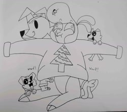 Size: 1660x1464 | Tagged: safe, artist:spoopygirl, imported from derpibooru, dog, lamb, sheep, them's fightin' herds, christmas, clothes, cloven hooves, community related, female, holiday, pom (tfh), puppy, sweater, woof