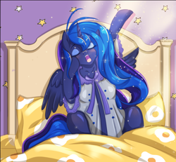 Size: 1074x994 | Tagged: safe, artist:mdwines, imported from derpibooru, princess luna, alicorn, anthro, pony, bed, bedroom, clothes, cute, ethereal mane, eyes closed, female, lunabetes, mare, nightgown, solo, starry mane, stretching, yawn
