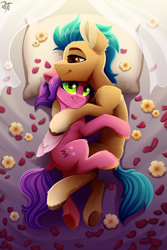 Size: 4000x6000 | Tagged: safe, artist:rainbowfire, imported from derpibooru, hitch trailblazer, pipp petals, earth pony, pegasus, pony, spoiler:g5, absurd resolution, adorapipp, bed, breeze, cuddling, curtains, cute, duo, female, floppy ears, flower, g5, hitchpipp, hug, love, male, mare, my little pony: a new generation, pipp is short, romance, romantic, rose, rose petals, shipping, size difference, smiling, spooning, stallion, straight, warm, wholesome, wings