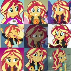 Size: 720x720 | Tagged: safe, artist:megalobronia, edit, imported from derpibooru, screencap, sunset shimmer, human, cheer you on, do it for the ponygram!, eqg summertime shorts, equestria girls, equestria girls series, festival filters, friendship games, get the show on the road, legend of everfree, mirror magic, sunset's backstage pass!, spoiler:eqg series (season 2), spoiler:eqg specials, collage, cup, cute, music festival outfit, shimmerbetes, smugset shimmer
