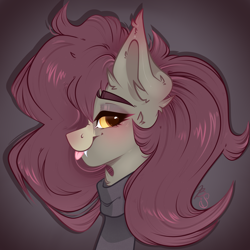 Size: 2500x2500 | Tagged: safe, artist:bananasplitedy, imported from derpibooru, oc, oc only, bat pony, bat pony oc, blushing, clothes, ear fluff, fangs, scarf, tongue out