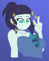 Size: 4189x5263 | Tagged: safe, artist:egor418, imported from derpibooru, coloratura, human, equestria girls, absurd resolution, blue background, breasts, bust, busty coloratura, choker, clothes, eyebrows, female, gradient background, grin, lineless, looking at you, no pupils, peace sign, simple background, smiling, smiling at you, solo