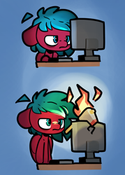 Size: 2500x3500 | Tagged: safe, artist:ronin20181, imported from derpibooru, oc, oc only, pegasus, pony, 2 panel comic, axe, comic, fire, monitor, pegasus oc, reaction image, solo, weapon