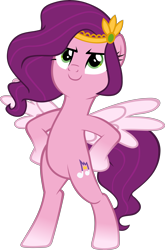 Size: 3456x5229 | Tagged: safe, artist:ironm17, imported from derpibooru, pipp petals, pegasus, pony, absurd resolution, backwards cutie mark, bipedal, crown, female, g4, g5, g5 to g4, generation leap, hoof on hip, jewelry, mare, regalia, show accurate, simple background, smiling, solo, spread wings, transparent background, vector, wings