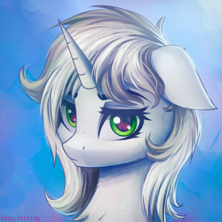 Size: 2000x2000 | Tagged: safe, artist:adagiostring, imported from derpibooru, oc, oc only, oc:white noise, pony, unicorn, blue background, bust, commission, cute, female, green eyes, headshot commission, high res, horn, looking at you, mare, portrait, solo, watching